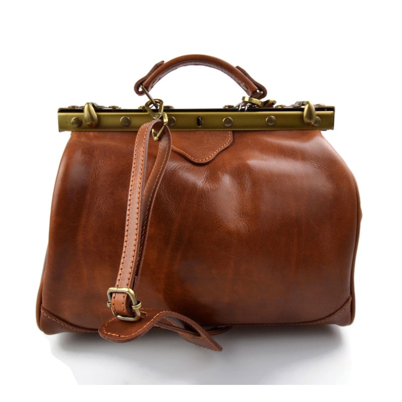 Ladies leather handbag doctor bag handheld shoulder bag light brown