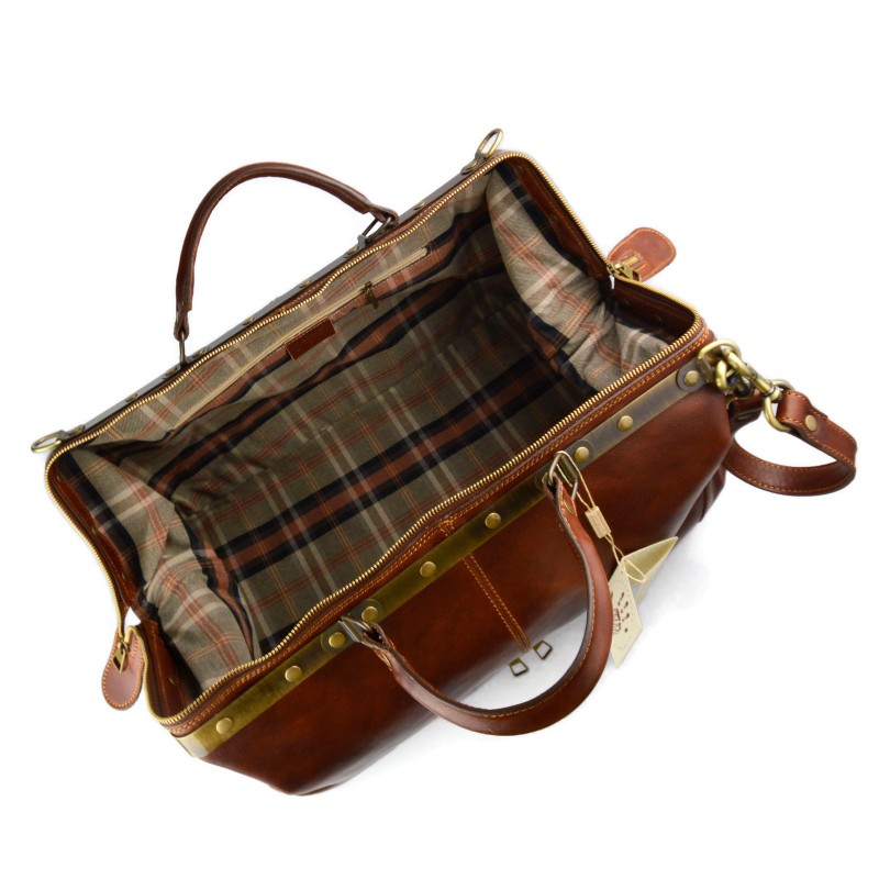 Leather trolley travel bag doctor bag brown weekender with wheels