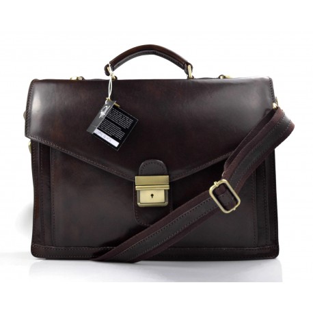 Leather briefcase mens ladies dark brown office shoulder bag