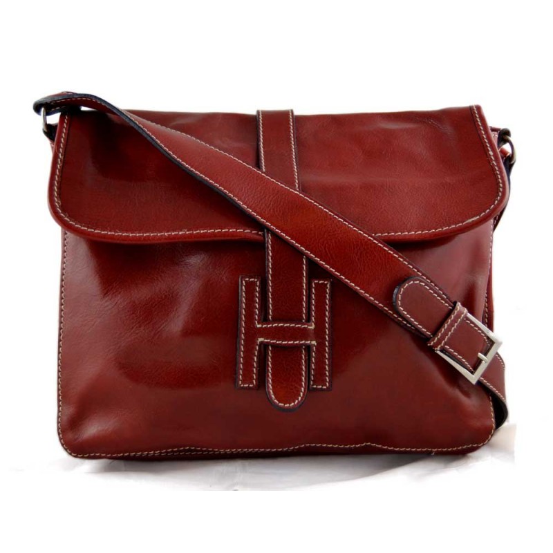 Leather bag mens satchel messenger bag shoulder bag crossbody red