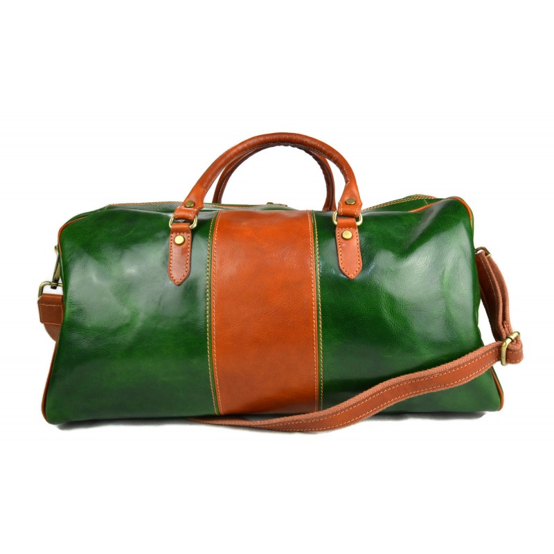 Mens leather duffle bag green light brown shoulder travel bag luggage