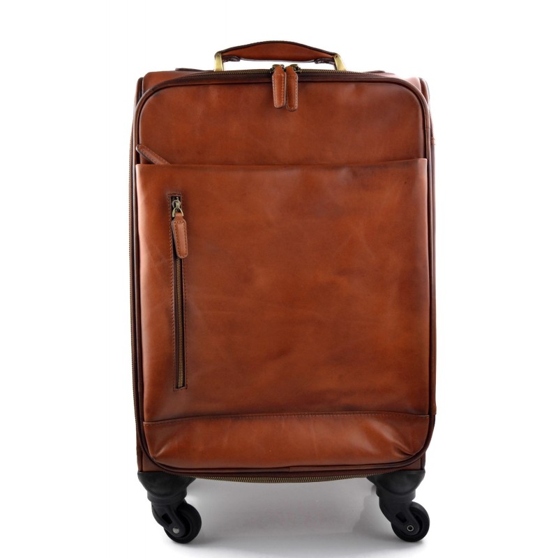 Leather luggage trolley brown travel suitcase 4 wheels leather bag