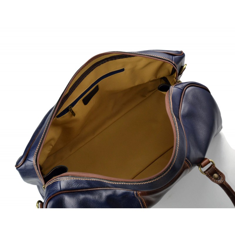 Mens leather duffle bag blue brown shoulder bag travel bag luggage