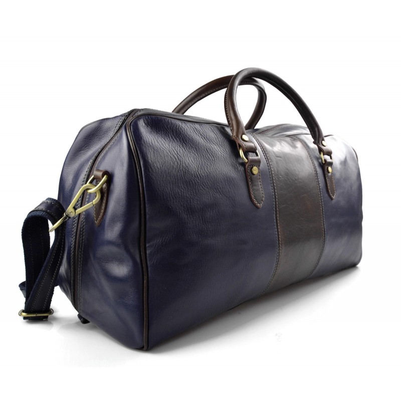 Mens leather duffle bag blue dark brown shoulder bag travel luggage