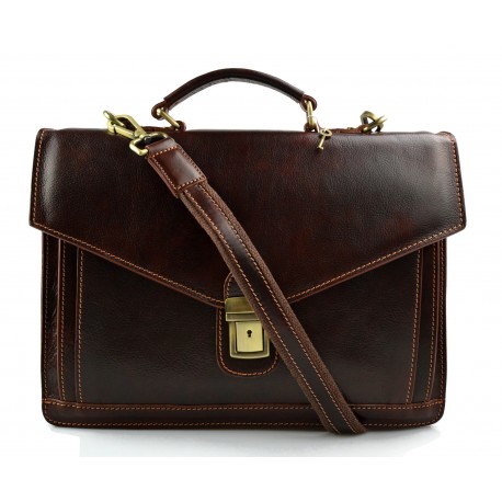 Leather briefcase mens ladies brown office shoulder bag