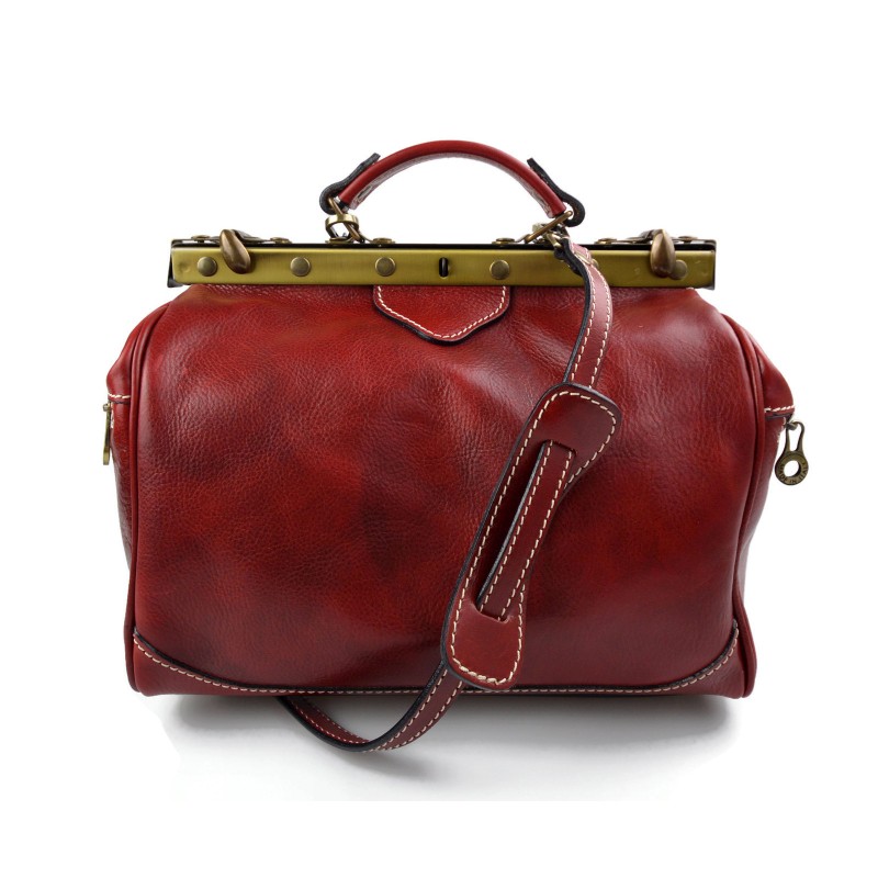 Ladies leather handbag doctor bag handheld shoulder bag red