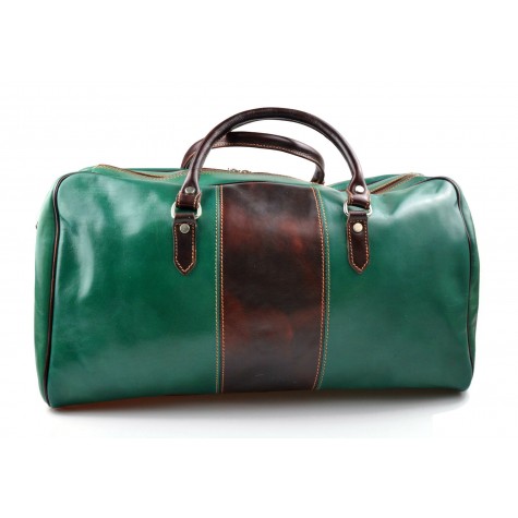 Mens leather duffle bag green brown shoulder bag travel bag luggage weekender carryon cabin bag