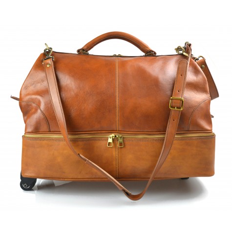 Leather trolley travel bag doctor bag weekender with wheels overnight honey