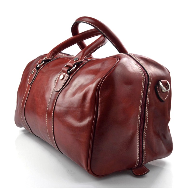 Leather duffle bag genuine leather travel bag overnigh red